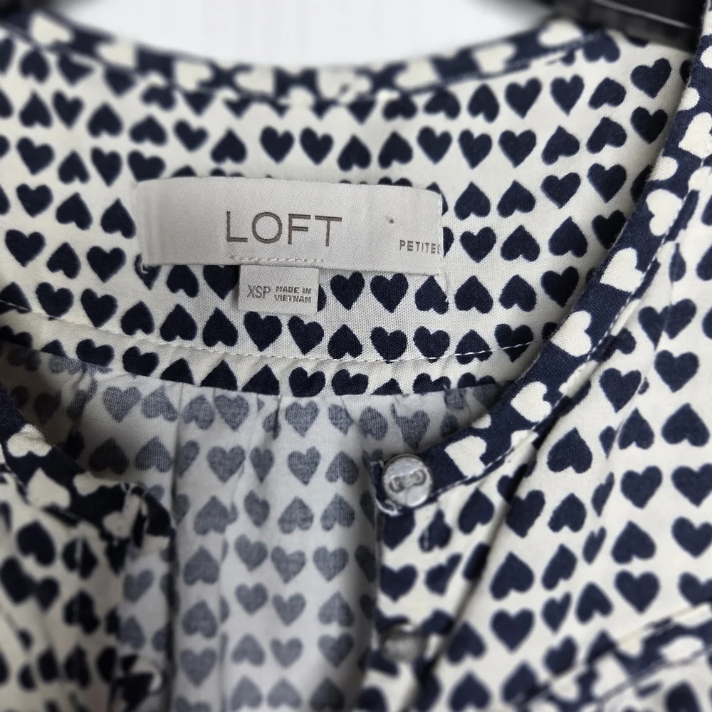 LOFT Navy Blue & White Heart-Print Puff Sleeve Blouse-Size XS Petites